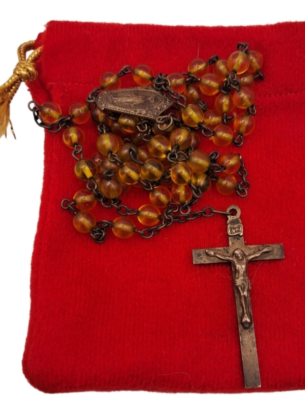 Vintage Sterling Silver Amber Glass Bead Rosary Miraculous Medal Italy Catholic